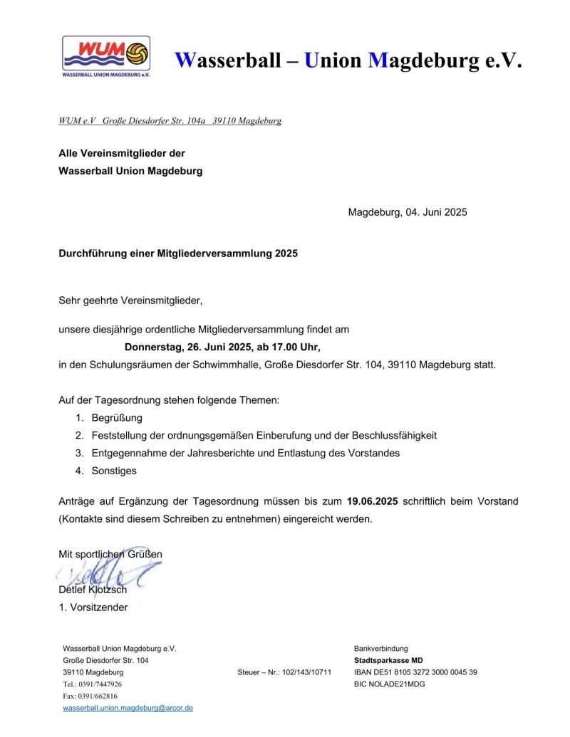 Einladung zur Mitgliederversammlung 2025 - Da die Schwimmhalle schon geschlossen ist, bitte unseren Hintereingang an der Stirnseite über die Eisentreppe benutzen.